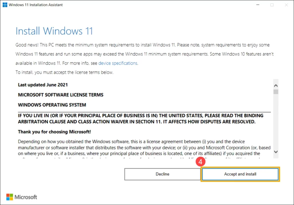 Pilih acceept and install pada jendela Install Windows 11