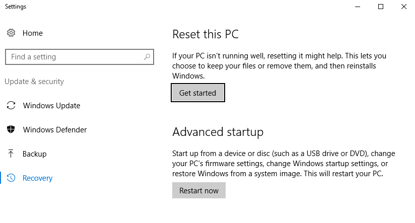 Started Reset Windows